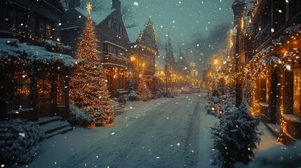The ultra realistic movie style snow Christmas town street scene captures the warm Christmas tree and dazzling holiday lights, creating a peaceful festive atmosphere