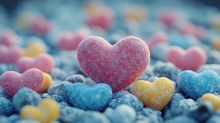 Obraz premium Colorful heart-shaped candies on a textured surface with stones
