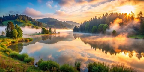 Naklejka premium Serene Sunrise Over Foggy Lake And Forest Reflecting On Still Water