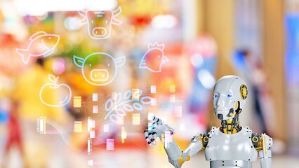 A robot is pointing at a screen with a picture of a cow and a fish, chicken The robot is in a store hand pointing on data analytic chart,AI Robot marketing and data analytics concept.