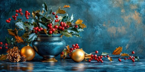 a vase filled with red berries and gold ornaments