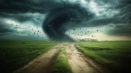 A powerful tornado forming over a rural landscape with dark clouds