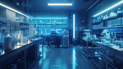 Obraz premium A Futuristic Laboratory with Blue Lighting and Scientific Equipment