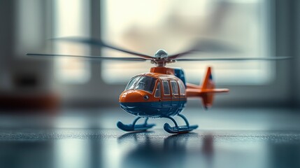 Naklejka premium Miniature helicopter model on a table with blurred background