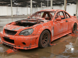Obraz premium Abandoned Rusty Orange Car in Urban Decay with Damaged Interior and Peeling Paint