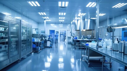Obraz premium Sterile Laboratory Environment with Stainless Steel Equipment and a Single Worker