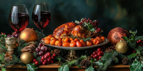 a table topped with a turkey and a glass of wine