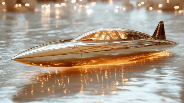 Elegant gold model boat resting on water with shimmering lights