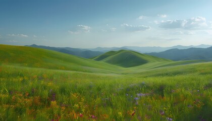 Rolling Green Hills with Wildflowers under Blue Sky