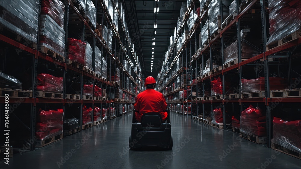 Poster efficient forklift operator maneuvering through distribution center shelves with precision