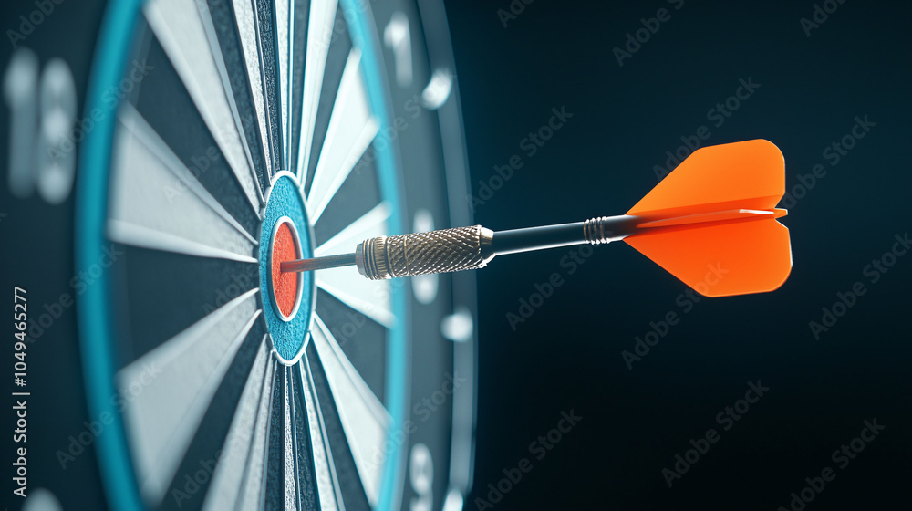 Poster dart in flight hitting bullseye on dartboard, showcasing precision and focus