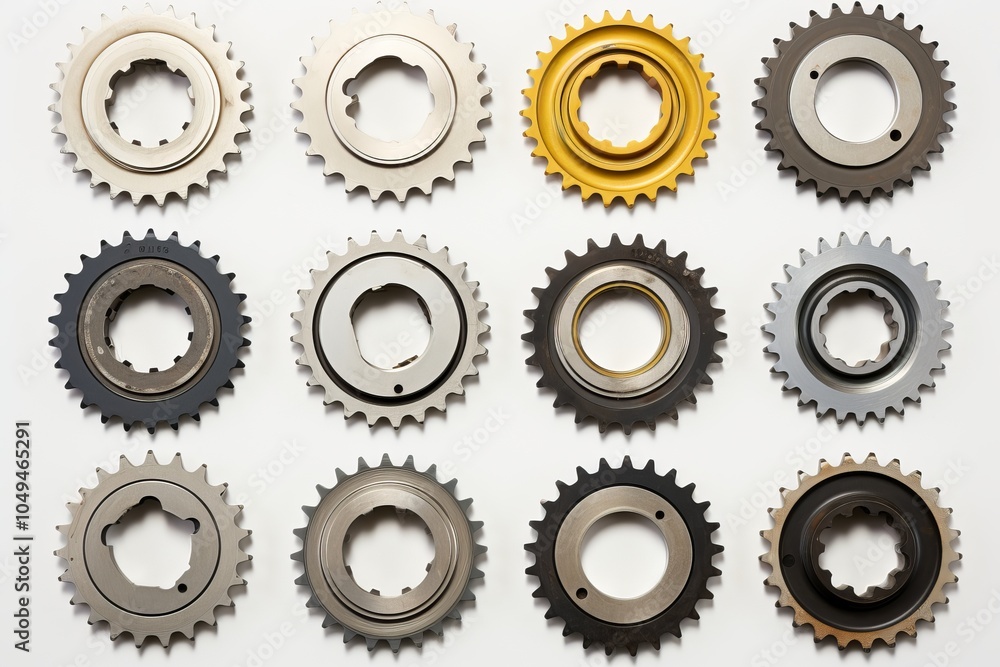 Aufkleber collection of various metal gears arranged in a grid pattern on a light background