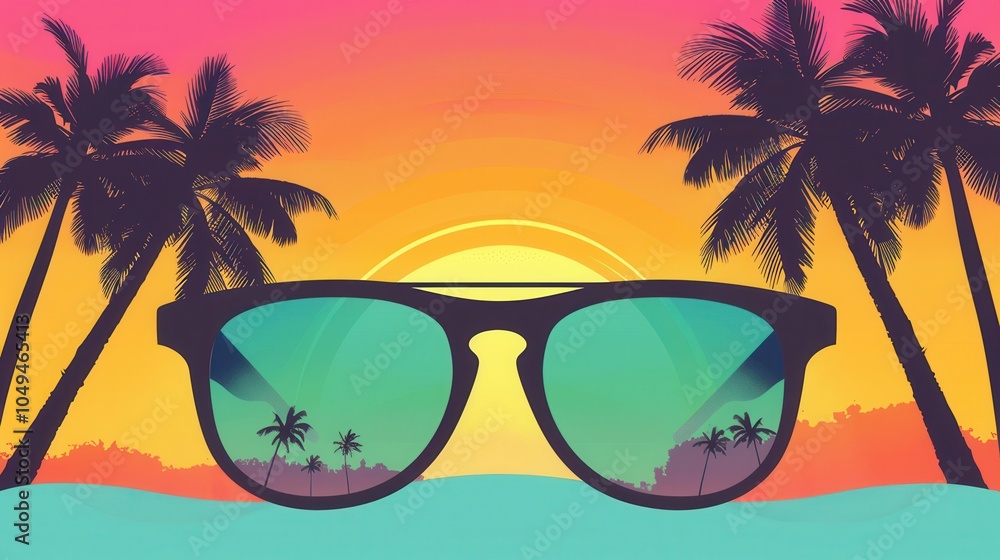 Poster sunglasses create a striking silhouette against a colorful sunset beach scene with palm trees, captu