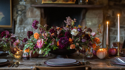 Autumn holiday tablescape and table decor, autumnal table setting with flowers and pumpkins, formal dinner event celebration party, beautiful cutlery, tableware and pumpkin decoration idea