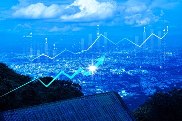 A blue sky with a city in the background and a graph showing Logistic distribute a rising line. The graph is in the middle of the image and is surrounded by the city