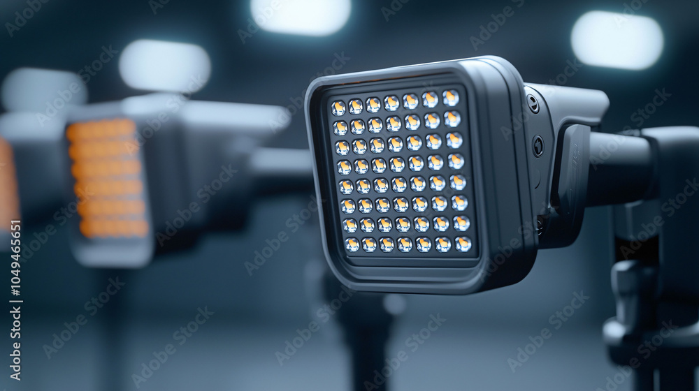Poster close up of studio lights with softboxes illuminating workspace