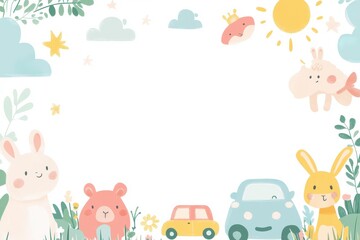 Obraz premium A cartoonish scene of animals and cars with a white background