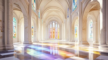 Fototapeta premium Serene Interior of a Sunlit Church with Colorful Windows