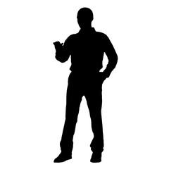 a man silhouette is looking at his cell phone isolated on white background. Vector illustration.