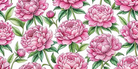 A vibrant and intricate botanical pattern featuring a close-up of delicate pink peonies with lush green foliage