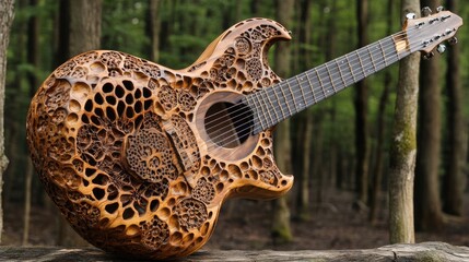 Obraz premium Intricate Carved Acoustic Guitar in Nature Setting