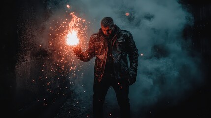 Obraz premium Mysterious figure illuminates dark alley with sparkling flare creating a stunning visual contrast