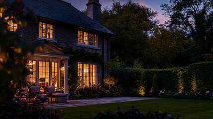 Country house cottage in the English countryside style in autumn, old village architecture, autumnal garden nature, night