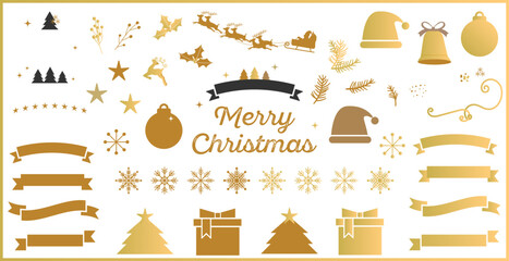 ゴールドのクリスマスのおしゃれな、あしらい素材セット　テキスト無し、ベクタイラスト　金色　フレーム　白背景