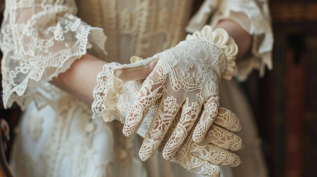 Closeup of a pair of lace gloves showcasing the intricate lacework and charming bow detail on the wrist evoking a sense of oldworld charm.