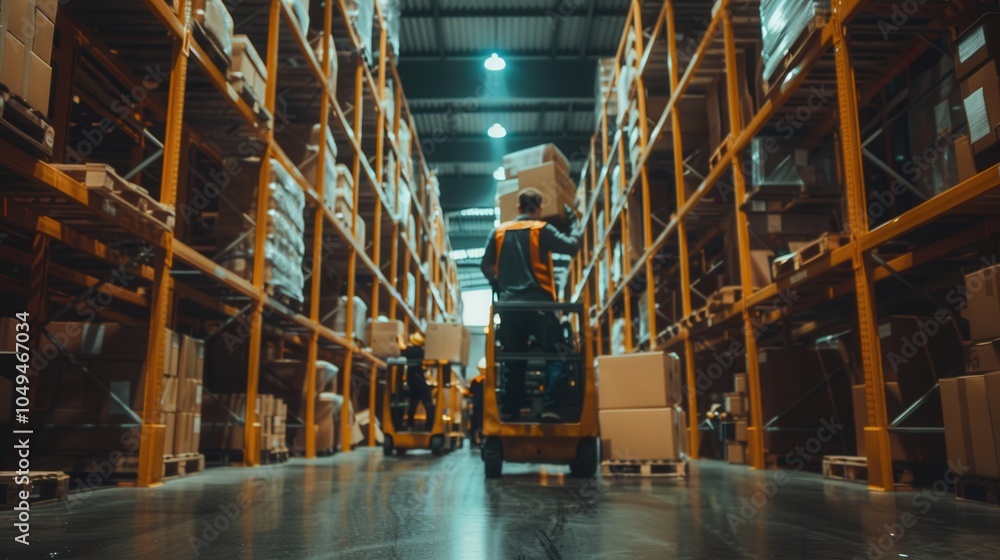 Poster workers are actively moving boxes and pallets in a large warehouse filled with various goods on shel