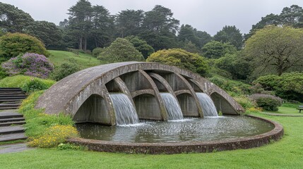 Discover the serene beauty of a modern water feature nestled in lush green gardens