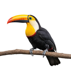 Fototapeta premium Colorful toucan perched on branch clipart, isolated on transparent background.