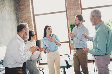 Photo of coworking project teamwork people applause congratulate promotion work together conference...
