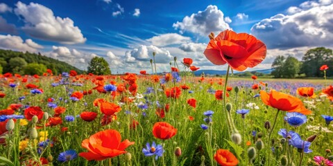Fototapeta premium A vibrant field of red poppies and blue wildflowers bathed in the golden sunlight of a sunny summer day