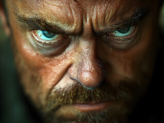 Fototapeta premium Intense Stare Portrait of an Angry Man with Rugged Features and Dramatic Lighting