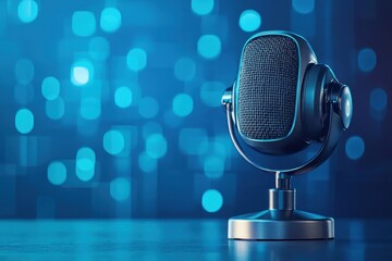 A microphone is sitting on a table with a blue background