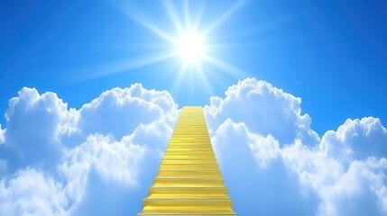 Explore the mystical journey up the golden stairs toward the radiant sky and bright sunlight
