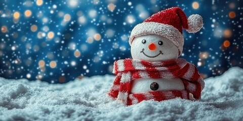 Fototapeta premium a snowman in a red hat and scarf