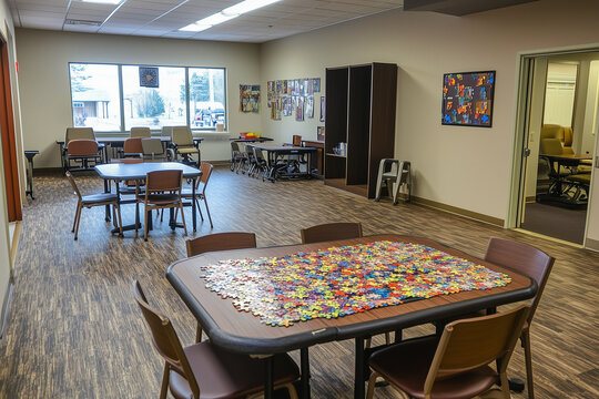 Puzzle Table in a Senior Center Activity Room: A Stimulating Background for Engaging the Mind