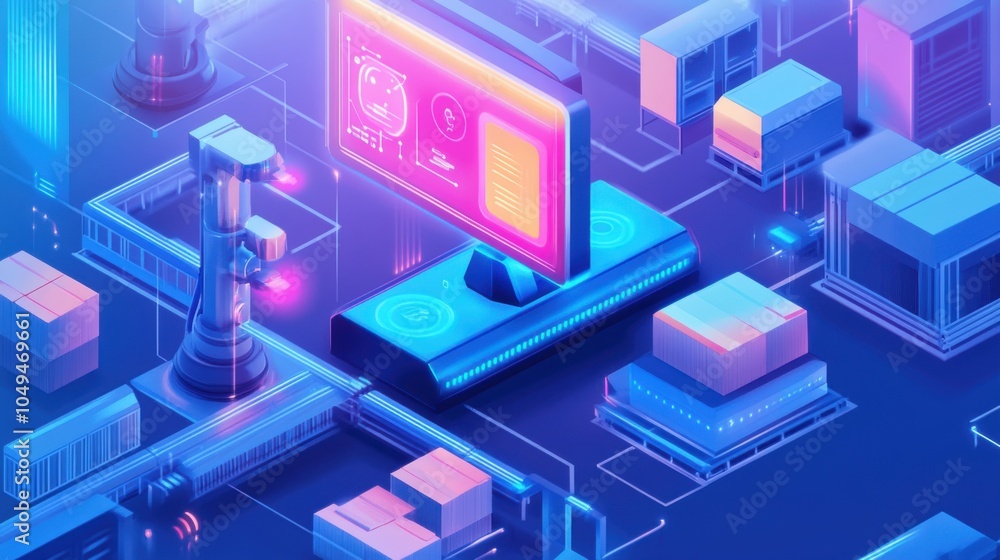 Poster ai in manufacturing: artificial intelligence keeps track of production efficiency in a factory.