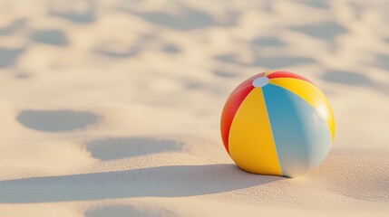 Obraz premium A colorful beach ball rests on sandy terrain, capturing the essence of summer fun and outdoor play.