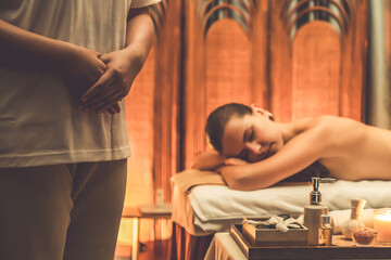 Caucasian woman customer enjoying relaxing anti-stress spa massage and pampering with beauty skin...