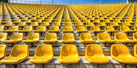 Fototapeta premium An expansive view of a stadium seating section, revealing rows upon rows of vibrant yellow plastic seats, each one awaiting its occupant for the excitement and energy of the event to unfold.