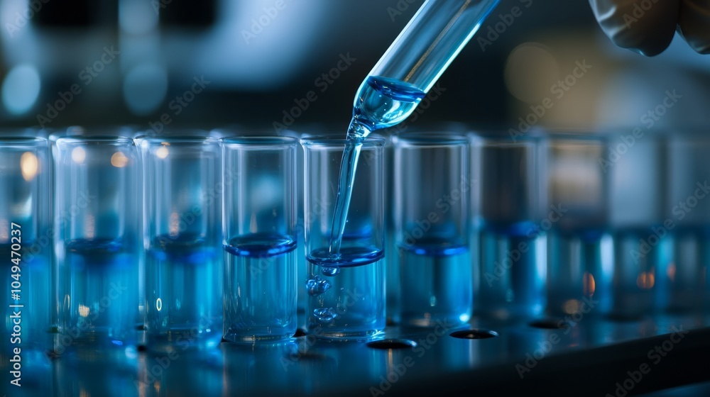 Poster the image shows a skilled lab technician using a pipette to manage samples in a modern lab, highligh