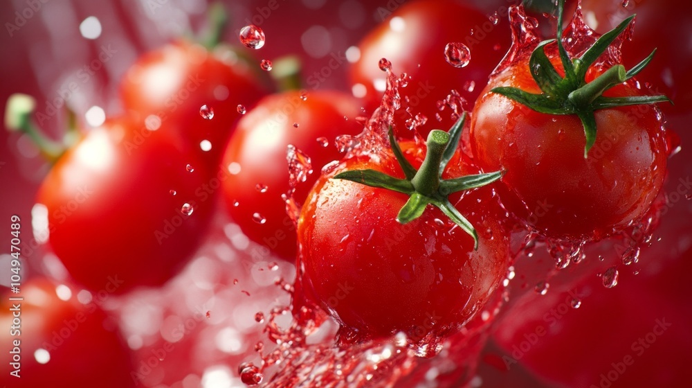 Poster a close up of a bunch of red tomatoes with water splashing around them