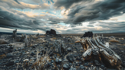 Desolate Canyon Landscape with Twisted Stumps and Rocky Terrain