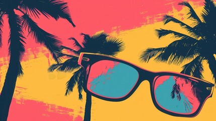 Sunglasses create a striking silhouette against a bright beach background filled with palm trees during a sunset. Generative AI