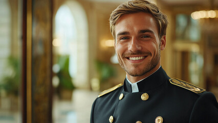 Caucasian Man Concierge - smiling man, uniform, military style, portrait, elegance, hotel staff, professional attire, happy expression, luxury interior, young adult
