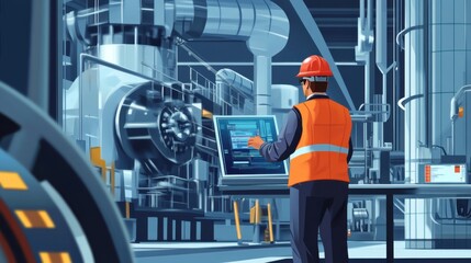 Naklejka premium Digital twins: Engineer working with digital twins of industrial machines