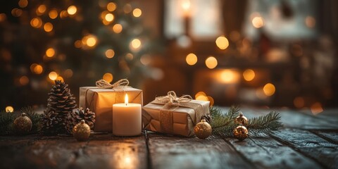 two candles and a christmas tree with lights in the background
